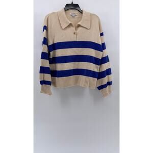 HYFVE Women's Blue-Beige Knit One-Button Lorraine Cobalt Stripe Polo Sweater SZS